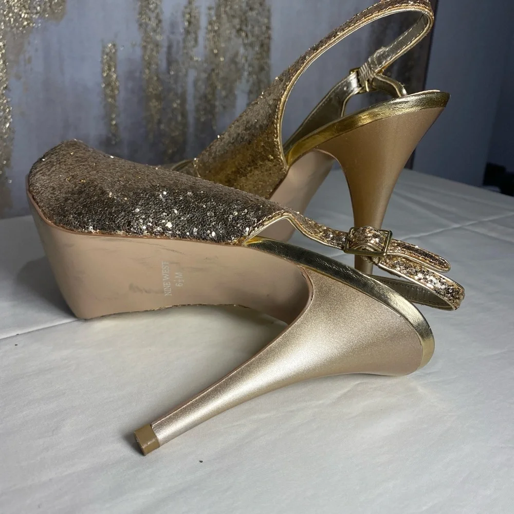 Nine West Women's Heels Glameron Gold Sparkle Metallic Slingback Size 6.5 - Picture 4 of 7